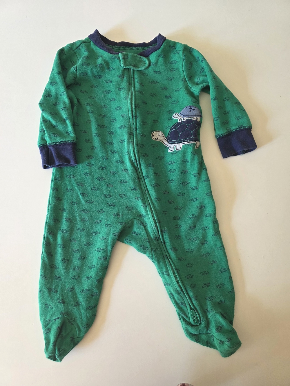 Carter's Green Footed One-Piece with Turtle Applique and Navy Trim